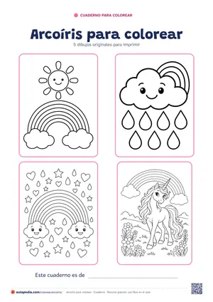 Portada del cuaderno «Arcoíris para colorear», con cuatro de sus dibujos