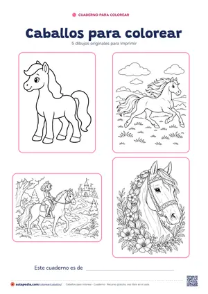 Portada del cuaderno «Caballos para colorear», con cuatro de sus dibujos