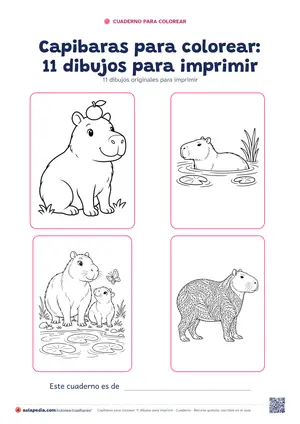 Portada del cuaderno «Capibaras para colorear», con cuatro de sus dibujos