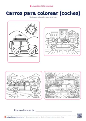 Portada del cuaderno «Carros para colorear (coches)», con cuatro de sus dibujos