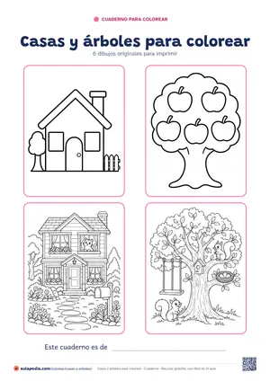 Portada del cuaderno «Casas y árboles para colorear», con cuatro de sus dibujos