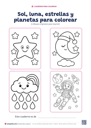 Portada del cuaderno «Sol, luna, estrellas y planetas para colorear», con cuatro de sus dibujos