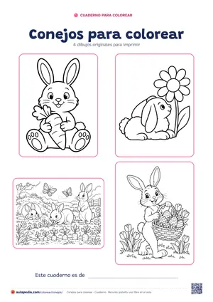 Portada del cuaderno «Conejos para colorear», con cuatro de sus dibujos