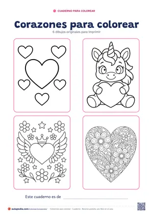 Portada del cuaderno «Corazones para colorear», con cuatro de sus dibujos