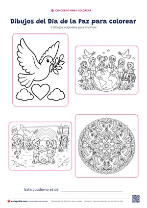Portada del cuaderno «Dibujos del Día de la Paz para colorear», con cuatro de sus dibujos