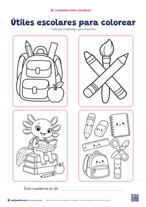 Portada del cuaderno «Útiles escolares para colorear», con cuatro de sus dibujos
