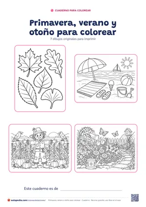 Portada del cuaderno «Primavera, verano y otoño para colorear», con cuatro de sus dibujos