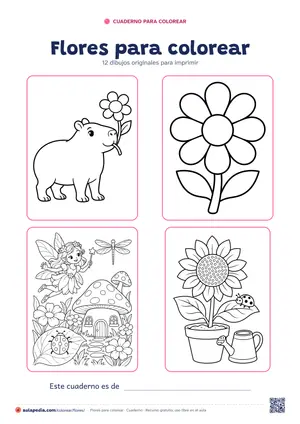 Portada del cuaderno «Flores para colorear», con cuatro de sus dibujos