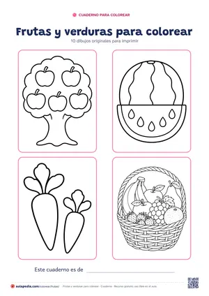 Portada del cuaderno «Frutas y verduras para colorear», con cuatro de sus dibujos