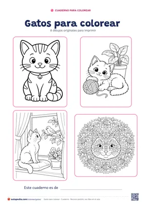 Portada del cuaderno «Gatos para colorear», con cuatro de sus dibujos