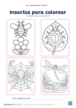 Portada del cuaderno «Insectos para colorear», con cuatro de sus dibujos