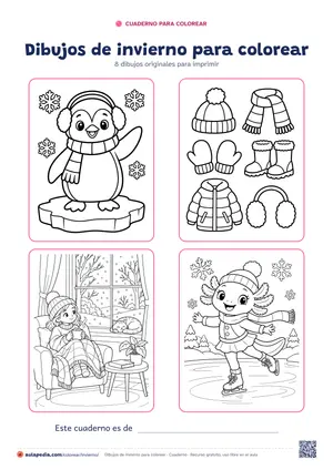 Portada del cuaderno «Dibujos de invierno para colorear», con cuatro de sus dibujos