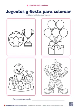 Portada del cuaderno «Juguetes y fiesta para colorear», con cuatro de sus dibujos