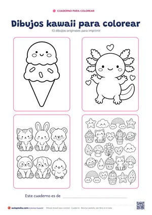 Portada del cuaderno «Dibujos kawaii para colorear», con cuatro de sus dibujos