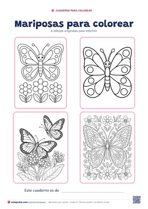 Portada del cuaderno «Mariposas para colorear», con cuatro de sus dibujos