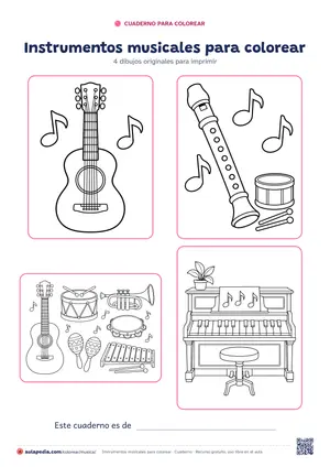 Portada del cuaderno «Instrumentos musicales para colorear», con cuatro de sus dibujos