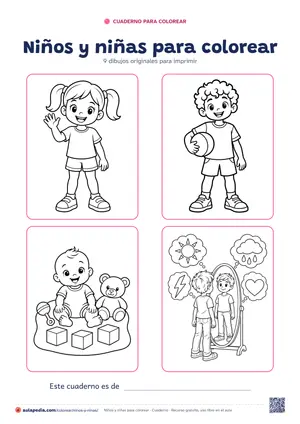 Portada del cuaderno «Niños y niñas para colorear», con cuatro de sus dibujos