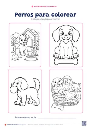 Portada del cuaderno «Perros para colorear», con cuatro de sus dibujos