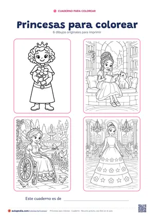 Portada del cuaderno «Princesas para colorear», con cuatro de sus dibujos
