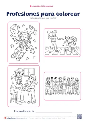 Portada del cuaderno «Profesiones para colorear», con cuatro de sus dibujos