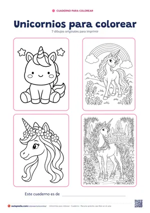 Portada del cuaderno «Unicornios para colorear», con cuatro de sus dibujos