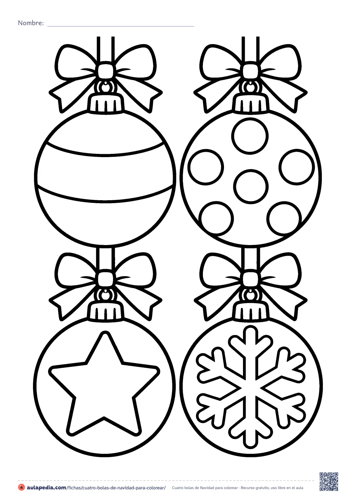Primera página de la ficha «Cuatro bolas de Navidad»: rayas, lunares, estrella y copo. Fácil.