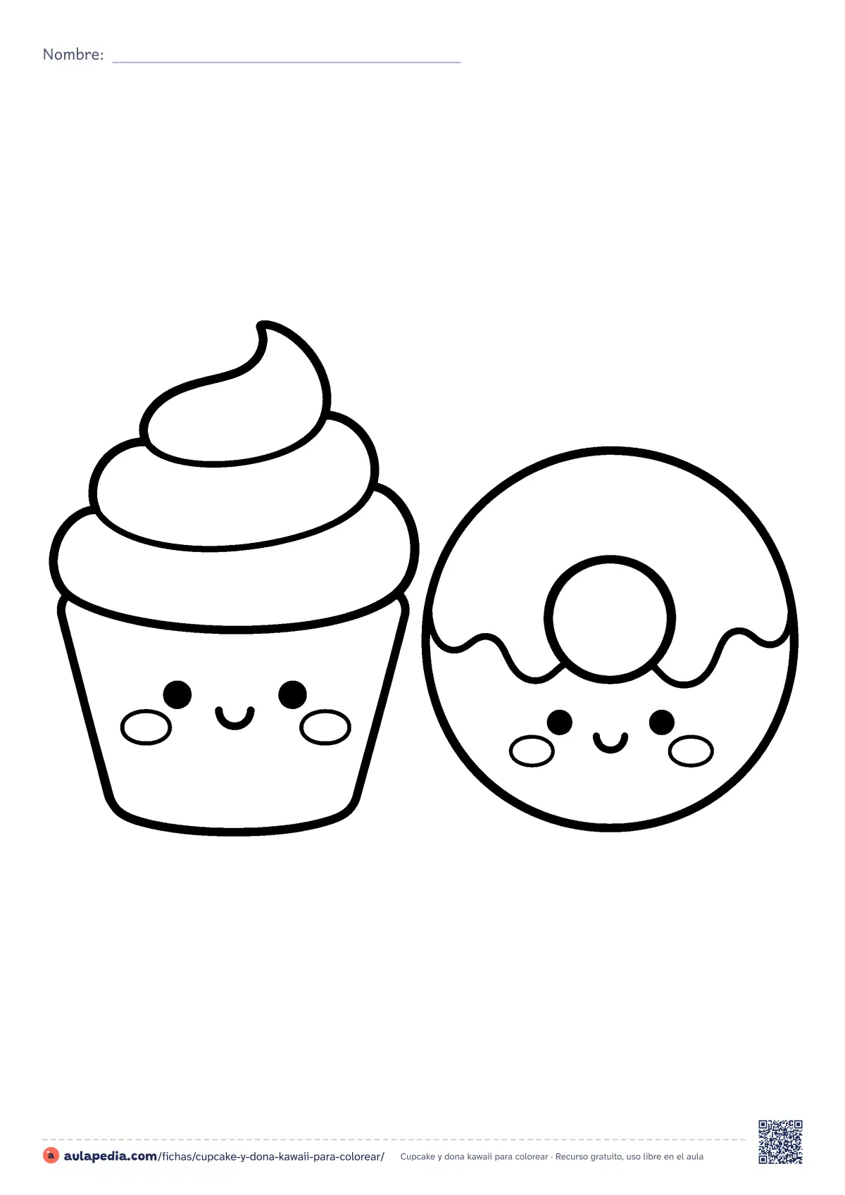 Primera página de la ficha «Cupcake y dona kawaii»: un cupcake y una dona con carita kawaii, uno al lado del otro. Dibujo fácil para colorear, de formas redondas y trazo grueso.