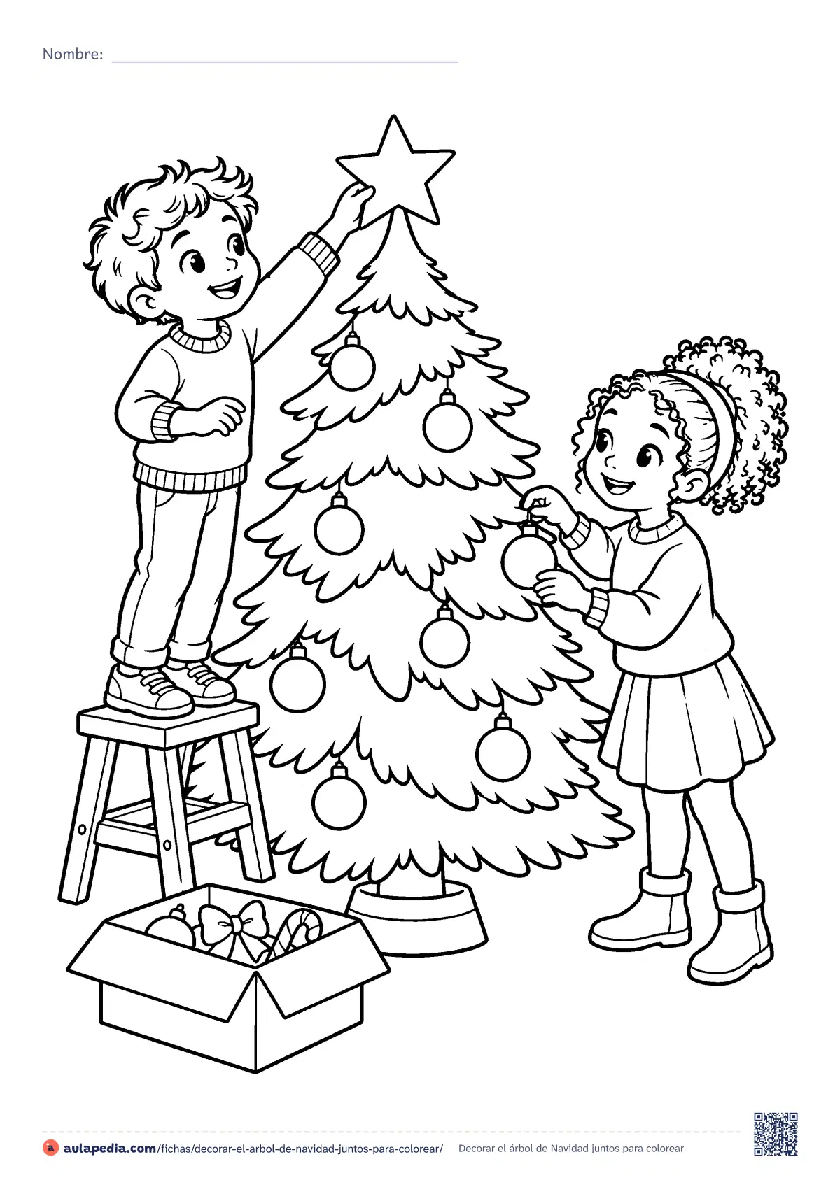 Primera página de la ficha «Decorar el árbol de Navidad juntos»: un niño en un taburete pone la estrella y una niña cuelga una bola en el árbol, junto a una caja de adornos.