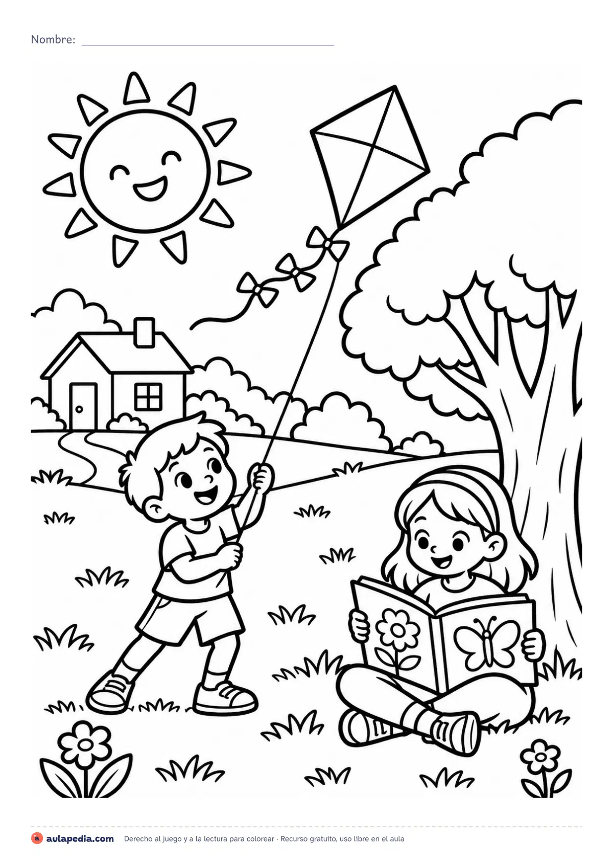 Primera página de la ficha «Derecho al juego y a la lectura»: dos niños en el parque, uno con un papalote y otra leyendo bajo un árbol, para colorear. Lámina fácil sobre el derecho al juego.