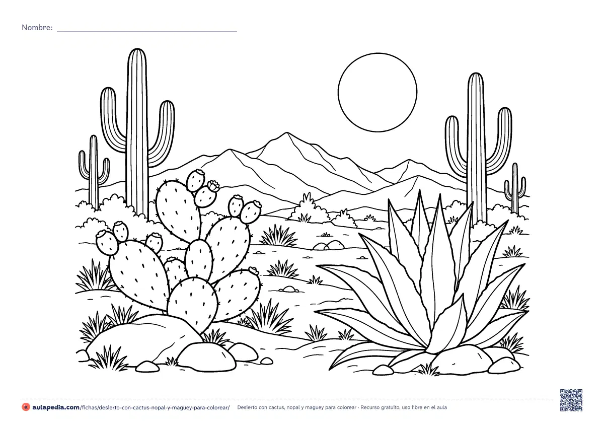 Primera página de la ficha «Desierto con cactus, nopal y maguey»: un desierto con saguaros, un nopal con tunas, un maguey, rocas, montañas y un sol enorme. Hoja apaisada de dificultad media.