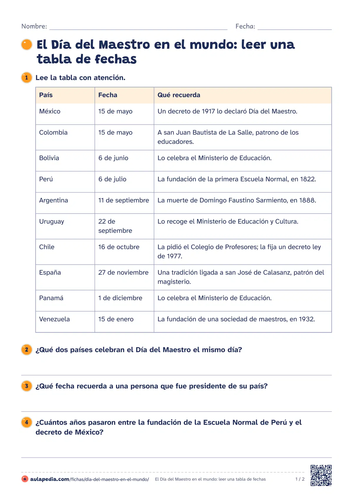 Primera página de la ficha «El Día del Maestro en el mundo: leer una tabla de fechas»: tabla con el Día del Maestro de diez países y su motivo, preguntas para interpretarla, ordenar las fechas en el año y escribir sobre un docente.