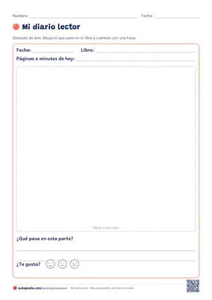 Diario lector con dibujo: Página de diario lector para los primeros cursos: fecha, libro, lo que se ha leído, un dibujo de lo que ha pasado y una frase.