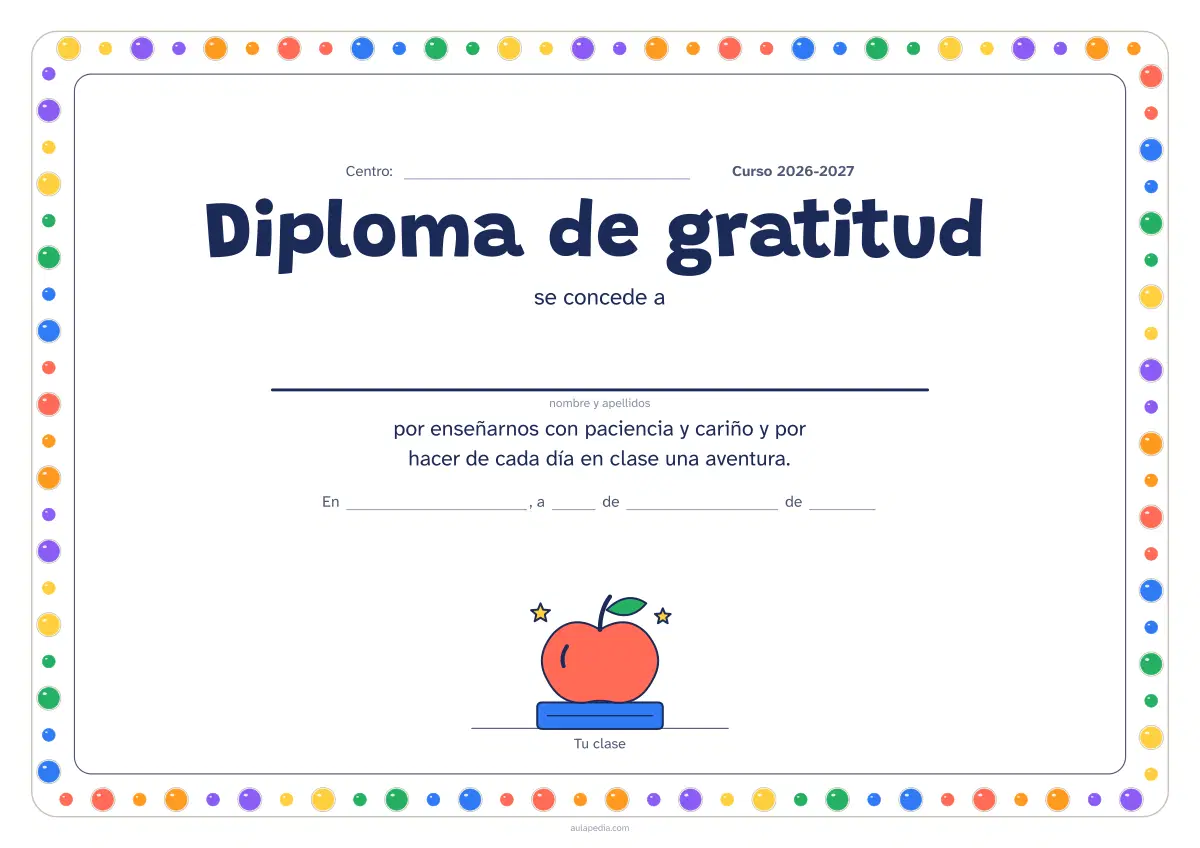 Primera página de la ficha «Diploma de gratitud»: diploma de gratitud para regalar a la maestra o al maestro en el Día del Docente o a final de curso, con una manzana sobre un libro y la firma de la clase.
