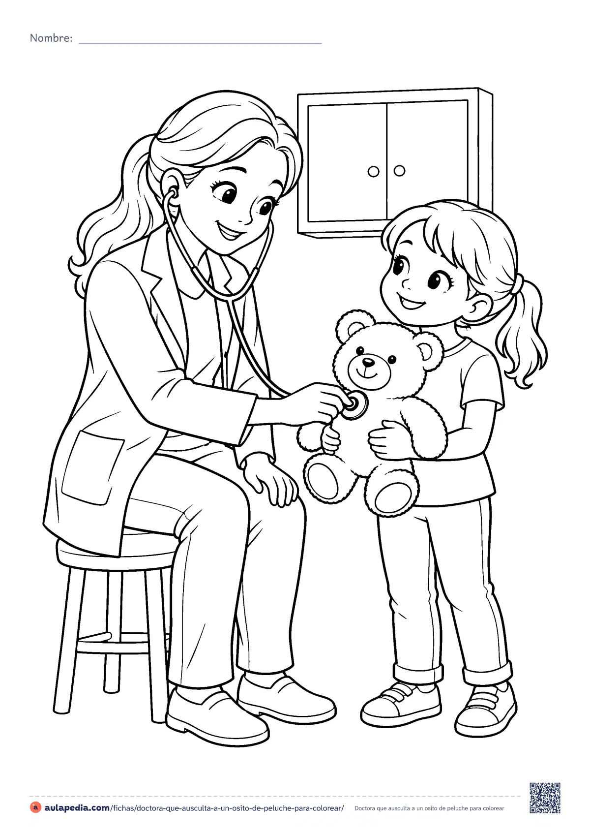 Primera página de la ficha «Doctora que ausculta a un osito de peluche»: una doctora escucha con su estetoscopio el corazón del osito de una niña. Dibujo de dificultad media para colorear y perder el miedo a la consulta.