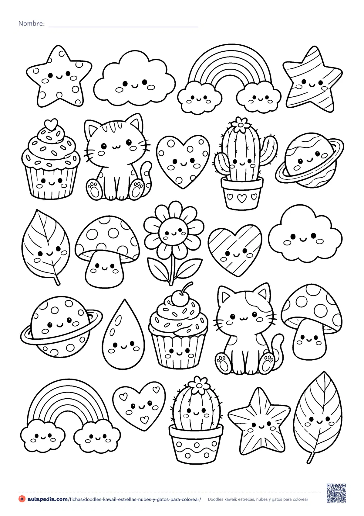 Primera página de la ficha «Doodles kawaii: estrellas, nubes y gatos»: estrellas, nubes, arcoíris, cupcakes, gatos, cactus, planetas y hongos. Lámina detallada para colorear.
