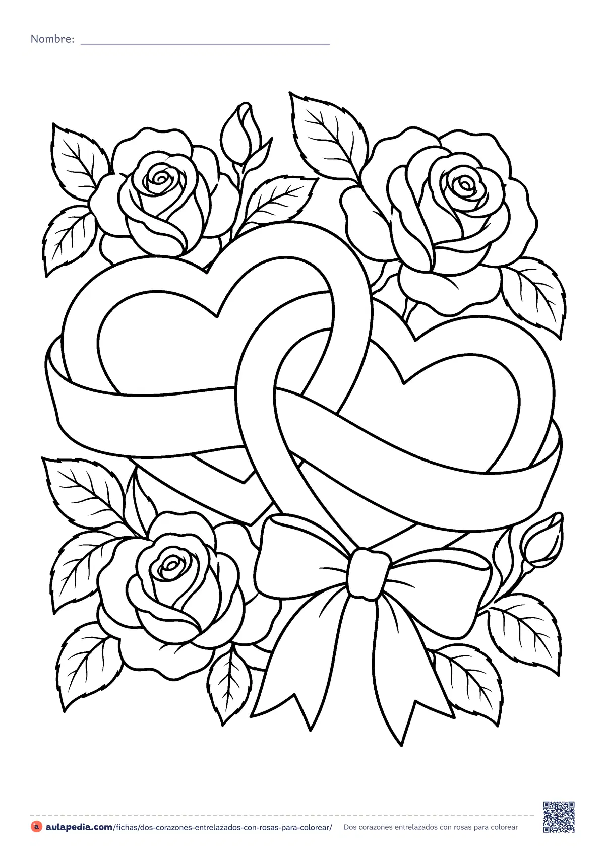 Primera página de la ficha «Dos corazones entrelazados con rosas»: dos corazones entrelazados, envueltos en una cinta con lazo y rodeados de rosas y hojas. Dibujo de dificultad media para regalar.