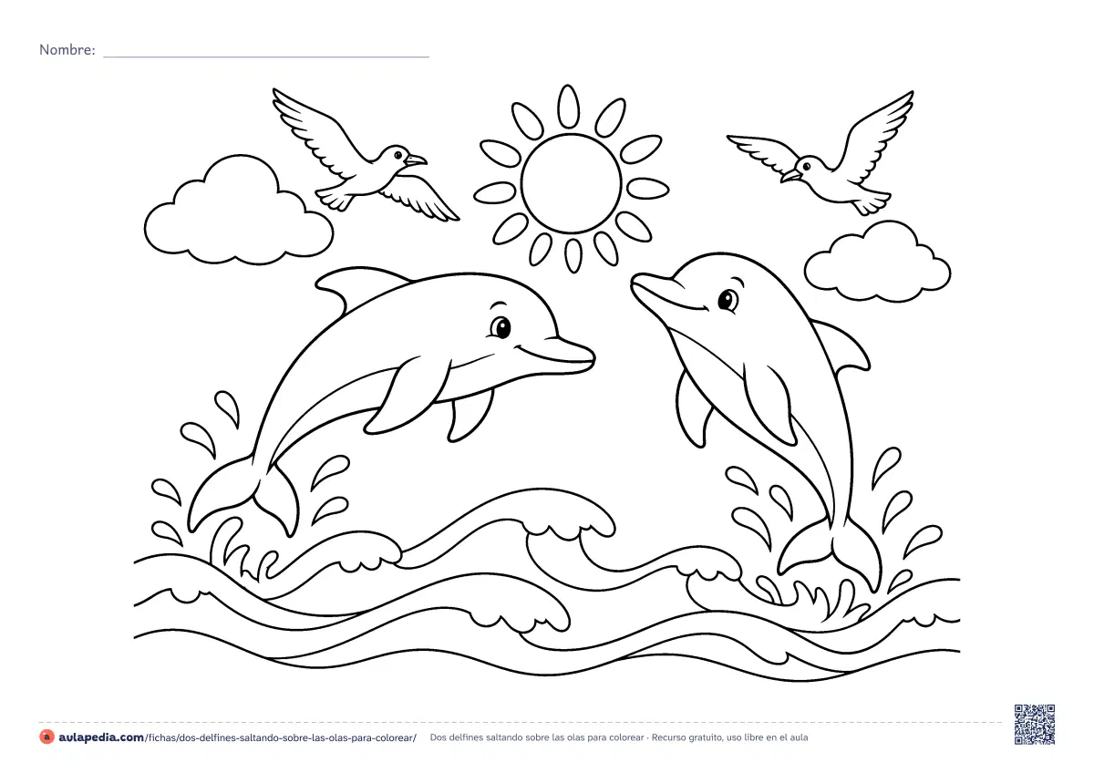 Primera página de la ficha «Dos delfines saltando sobre las olas»: dos delfines saltan sobre las olas bajo el sol, con dos gaviotas, dos nubes y salpicaduras. Hoja apaisada de dificultad media.