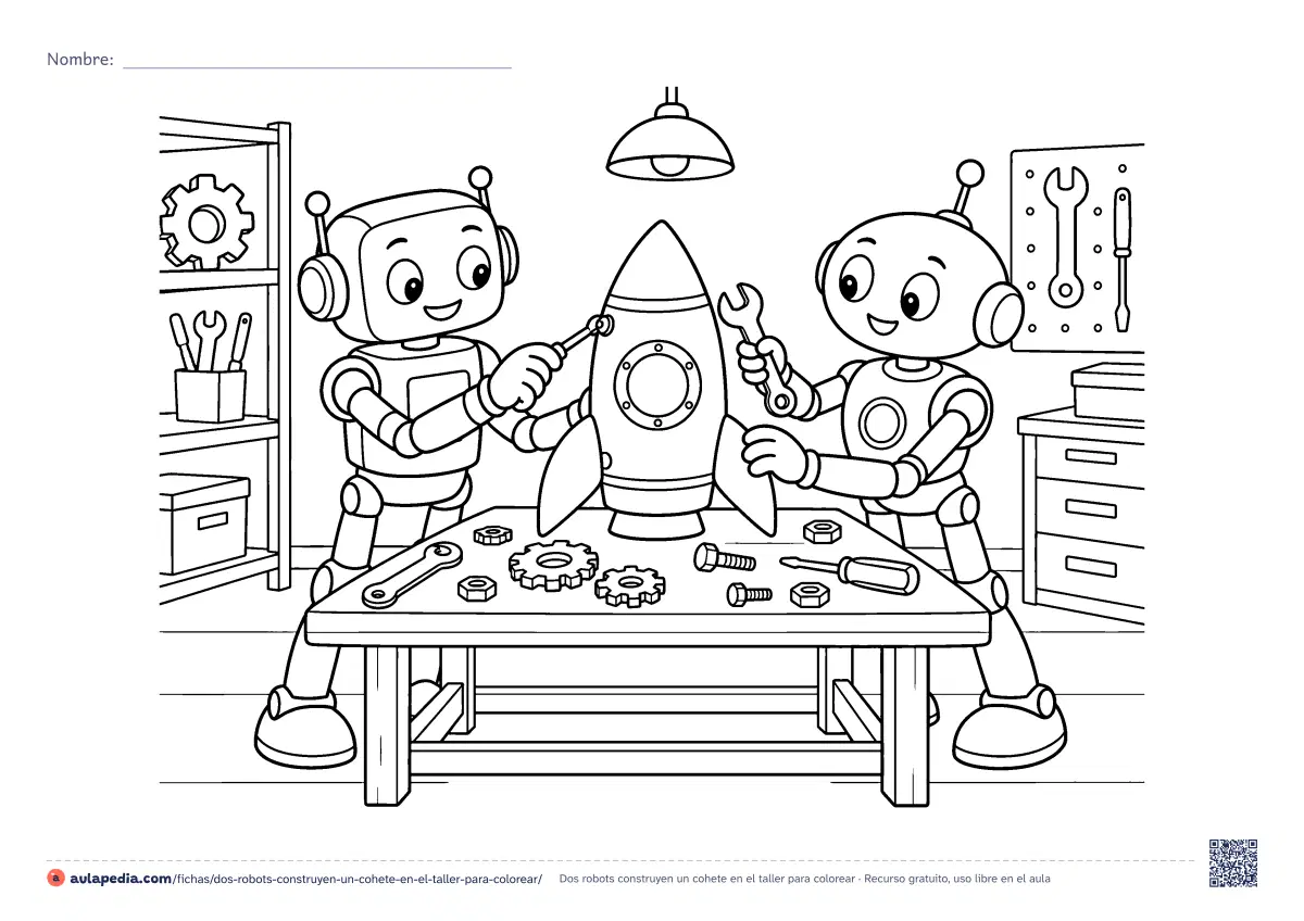 Primera página de la ficha «Dos robots construyen un cohete en el taller»: dos robots montan un cohete en su taller, con destornillador, llave, engranajes y tuercas. Hoja apaisada para colorear, de dificultad media.