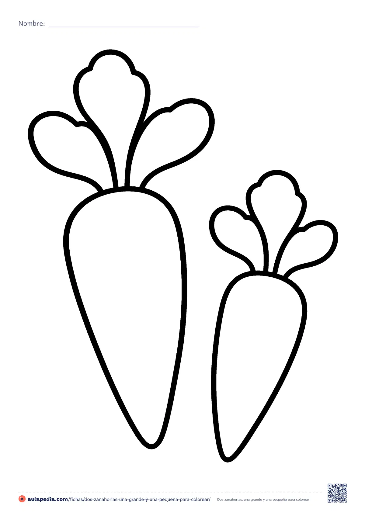 Primera página de la ficha «Dos zanahorias, una grande y una pequeña»: dos zanahorias, una grande y otra pequeña, cada una con sus tres hojas. Lámina de pocas zonas, amplias, para los más pequeños.
