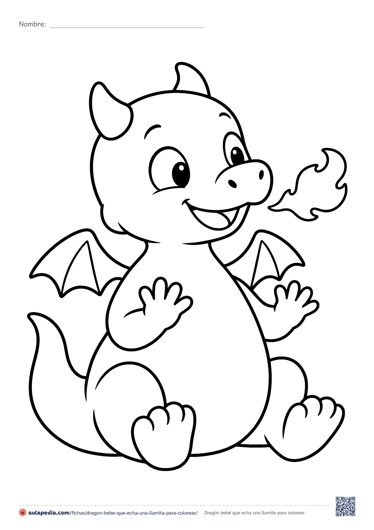 Primera página de la ficha «Dragón bebé que echa una llamita»: un dragón bebé de barriga redonda y alas pequeñas echa su primera llamita. Dibujo fácil para colorear, de contorno grueso y zonas grandes.
