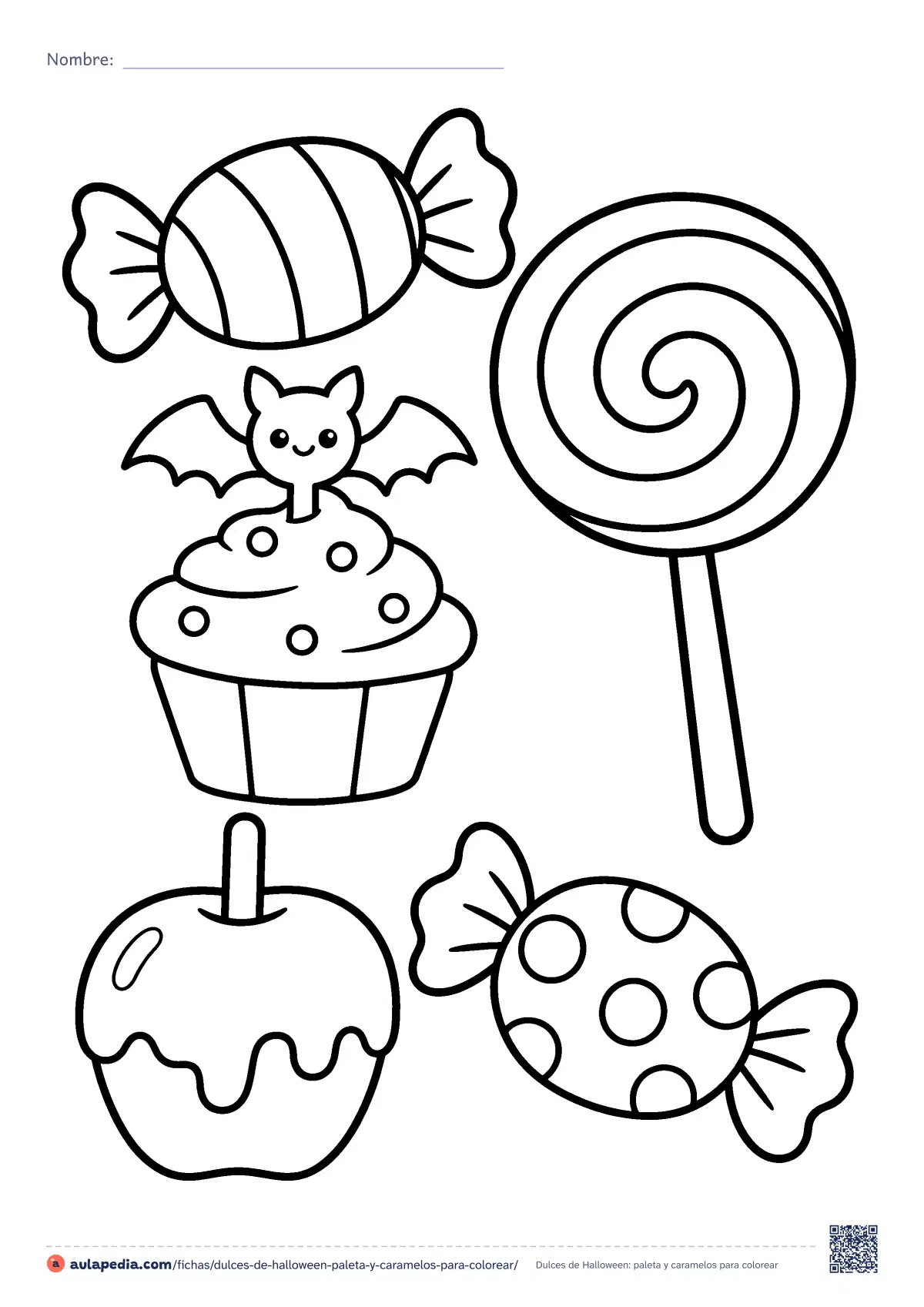 Primera página de la ficha «Dulces de Halloween: paleta y caramelos»: dos caramelos envueltos, una paleta en espiral, un cupcake con un murciélago y una manzana caramelizada. Fácil de colorear.