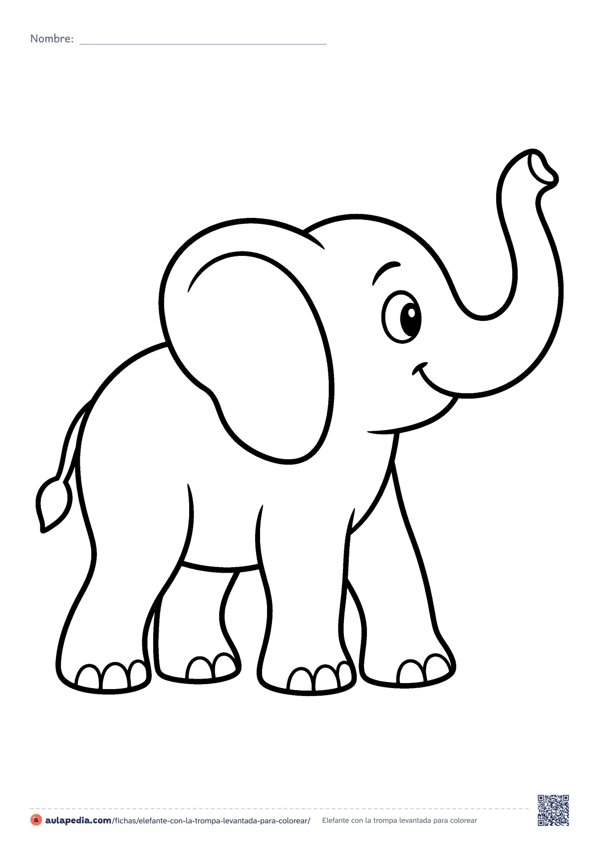 Primera página de la ficha «Elefante con la trompa levantada»: un elefante de perfil, con una oreja enorme y la trompa levantada. Contorno grueso y muy pocas zonas, para Infantil y preescolar.