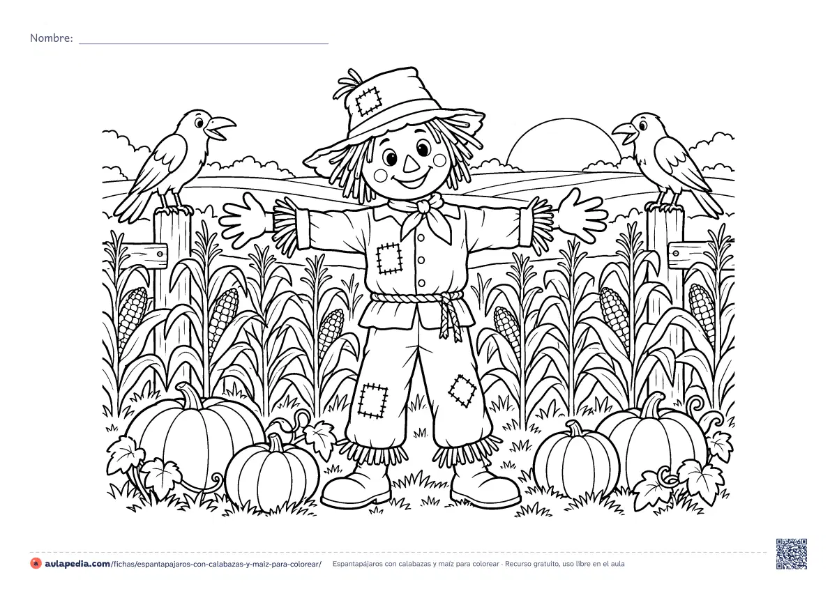 Primera página de la ficha «Espantapájaros con calabazas y maíz»: un espantapájaros sonriente con sombrero remendado, en un maizal con calabazas, dos cuervos y la puesta de sol. Hoja apaisada, dificultad media.