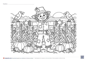 Vista previa de «Espantapájaros con calabazas y maíz»