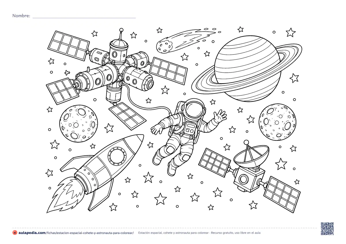 Primera página de la ficha «Estación espacial, cohete y astronauta»: una estación espacial, un astronauta en su paseo, un cohete, un satélite, un planeta con anillos, dos lunas y un cometa. Dibujo detallado.