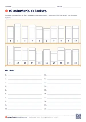 Estantería para colorear: Estantería con 20 libros numerados para colorear uno por cada libro leído, y la lista para escribir sus títulos.
