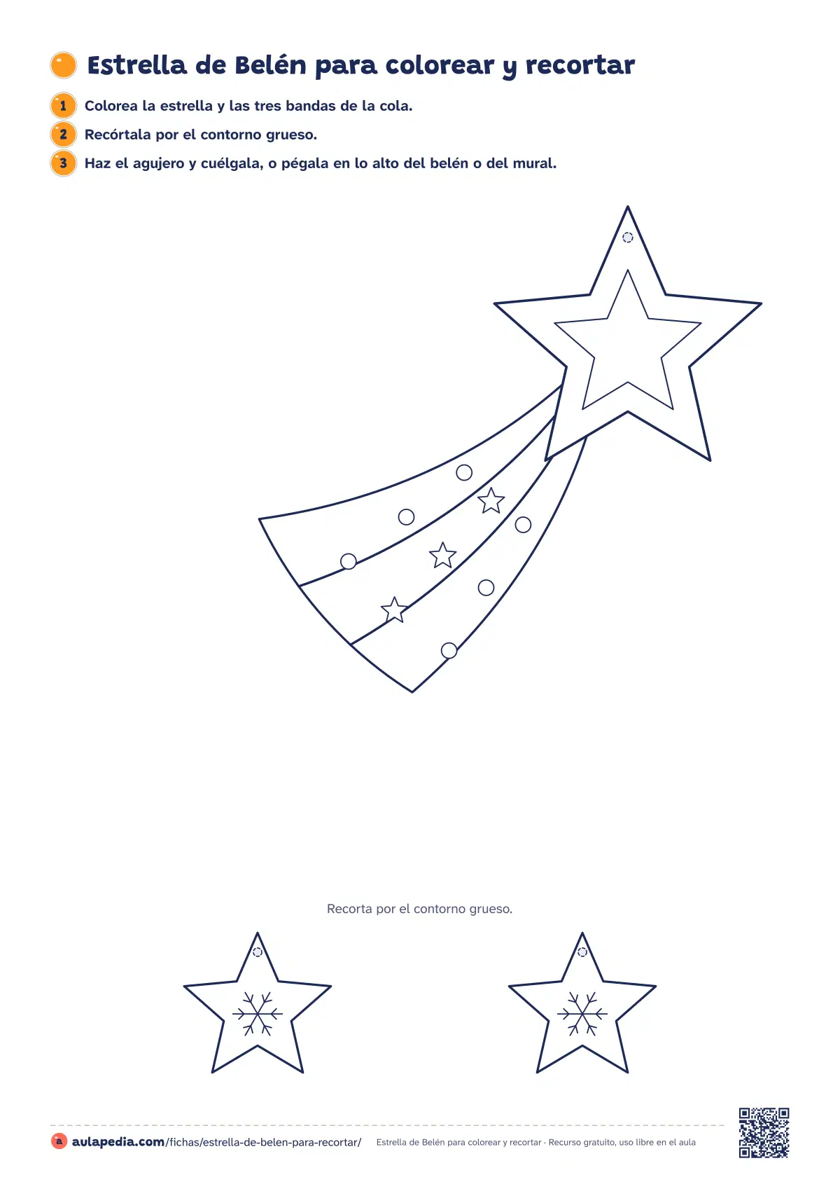 Primera página de la ficha «Estrella de Belén para colorear y recortar»: estrella de Belén grande, con su cola de luz, para colorear, recortar y colgar, y dos estrellas pequeñas para hacer una guirnalda.