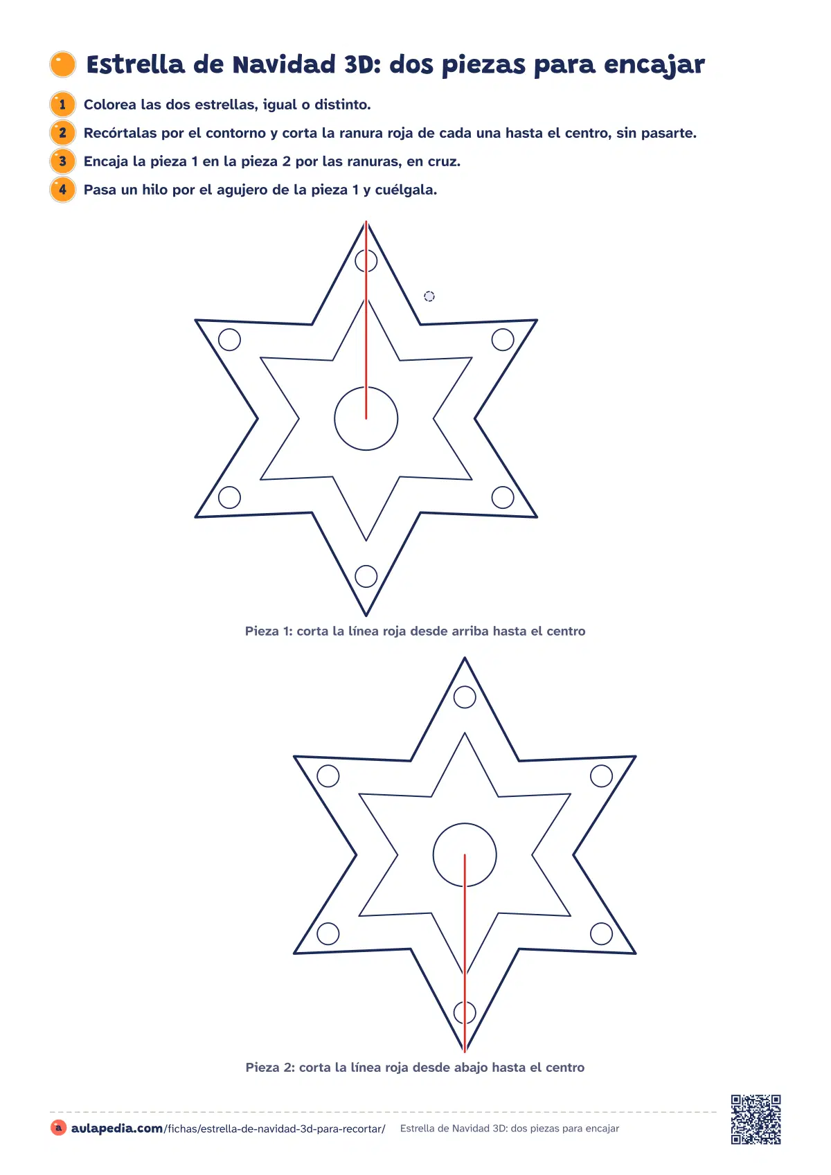 Primera página de la ficha «Estrella de Navidad 3D: dos piezas para encajar»: dos estrellas de seis puntas con una ranura que se encajan en cruz para colgar del techo o de la ventana.