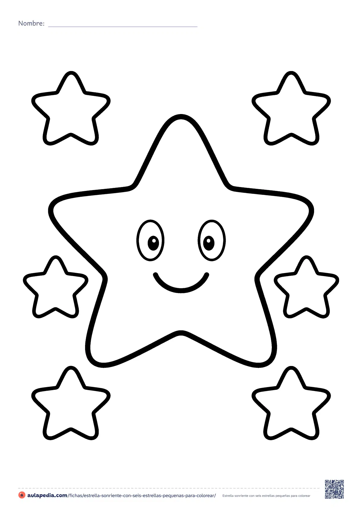 Primera página de la ficha «Estrella sonriente con seis estrellas pequeñas»: una estrella grande y sonriente rodeada de seis estrellas pequeñas, de contorno grueso. Dibujo muy fácil para colorear.
