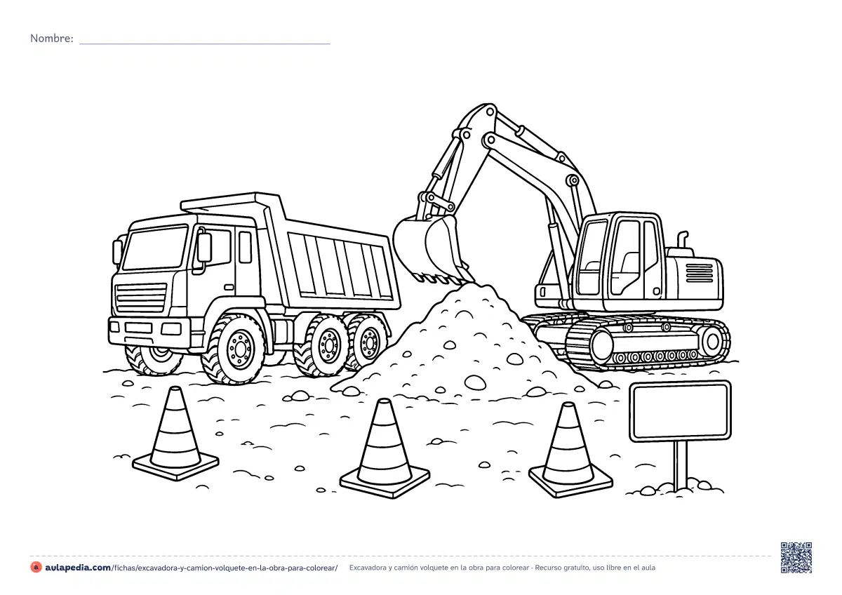 Primera página de la ficha «Excavadora y camión volquete en la obra»: una excavadora y un camión volquete trabajan en una obra, con un montón de tierra, tres conos y un cartel en blanco. Hoja apaisada, dificultad media.